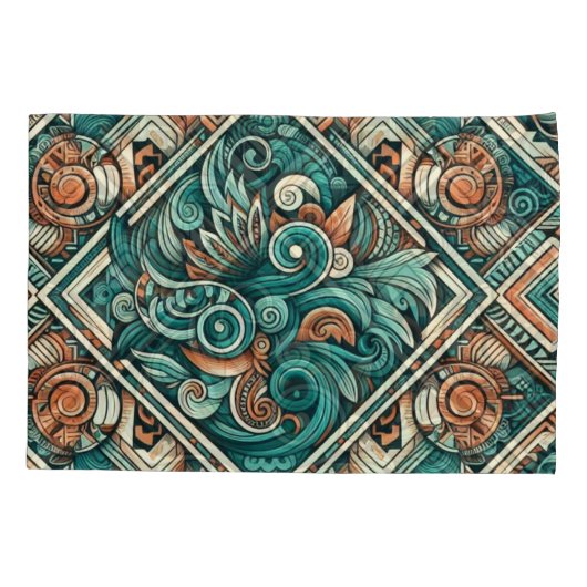 Azteeks geïnspireerd Blauwgroen en terracotta patr Kussensloop (Achterkant)