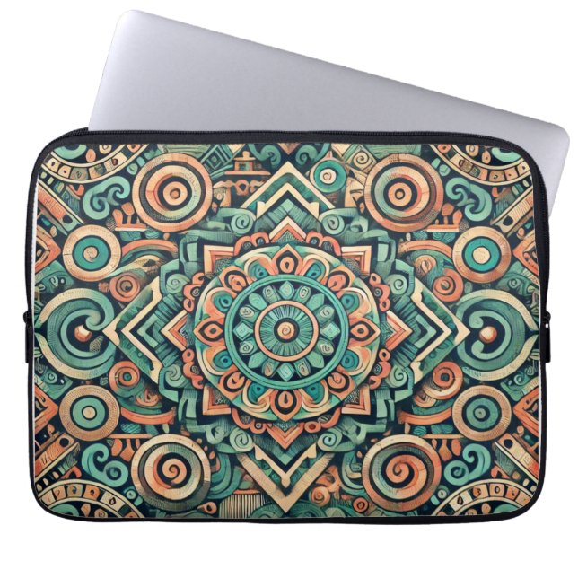 Azteeks geïnspireerd Blauwgroen en terracotta patr Laptop Sleeve (Voorkant)