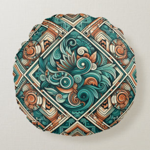 Azteeks geïnspireerd Blauwgroen en terracotta patr Rond Kussen
