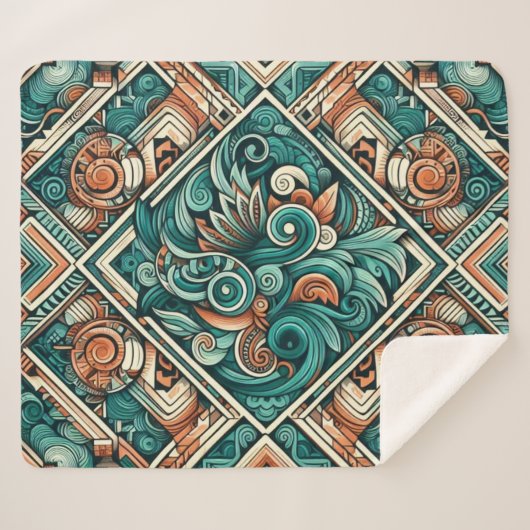 Azteeks geïnspireerd Blauwgroen en terracotta patr Sherpa Deken (Voorkant (horizontaal))