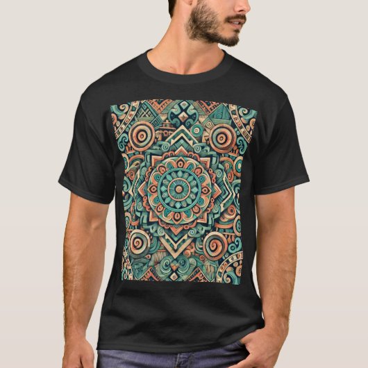 Azteeks geïnspireerd Blauwgroen en terracotta patr T-shirt (Voorkant)