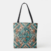 Azteeks geïnspireerd Blauwgroen en terracotta patr Tote Bag (Achterkant)