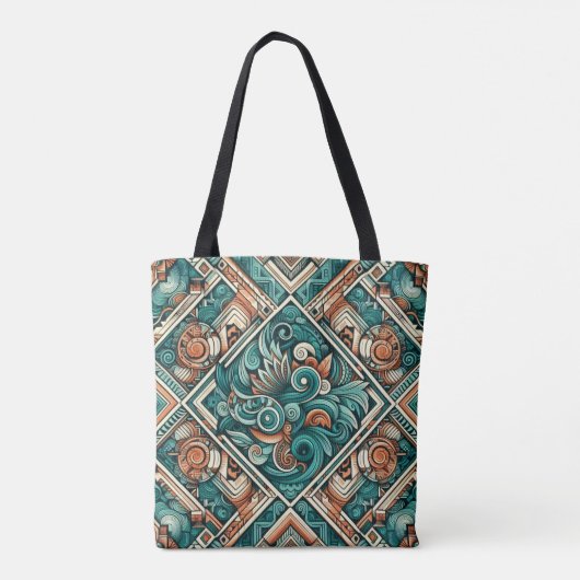 Azteeks geïnspireerd Blauwgroen en terracotta patr Tote Bag (Achterkant)
