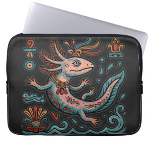 Azteekse Axolotl Xolotl geërodeerde stenen tribale Laptop Sleeve
