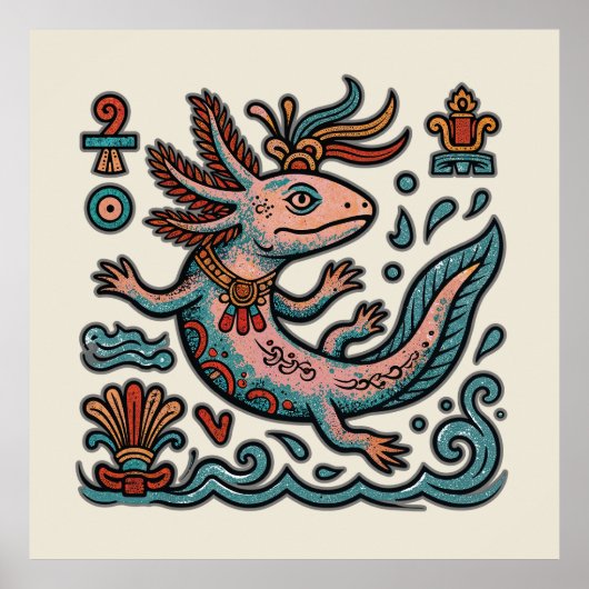 Azteekse Axolotl Xolotl geërodeerde stenen tribale Poster (Voorkant)