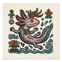 Azteekse Axolotl Xolotl god roze blauw tribal vint Foto Afdruk