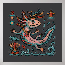 Azteekse Axolotl Xolotl god roze blauw tribal vint Poster