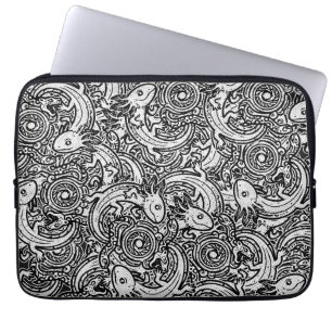 Azteekse Axolotl Xolotl Stam Patroon Zwart & Wit Laptop Sleeve