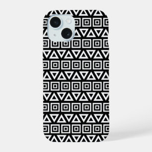 Azteekse Driehoeken+Vierkanten Patroon Wit op Zwar iPhone 15 Case
