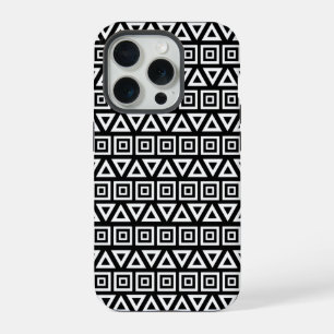 Azteekse Driehoeken+Vierkanten Patroon Wit op Zwar iPhone 15 Pro Case