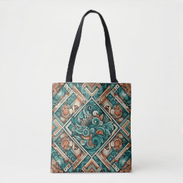 Azteekse geïnspireerd teal en terracotta patroon tote bag