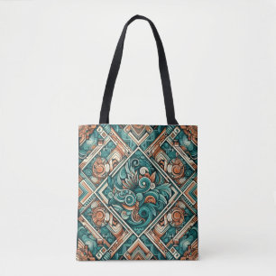 Azteekse geïnspireerd teal en terracotta patroon tote bag
