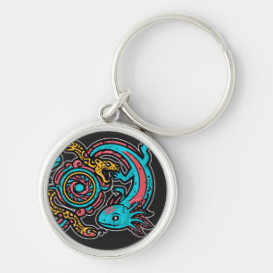 Azteekse God Xolotl die Strijd Jaguar Tribale Kuns Sleutelhanger