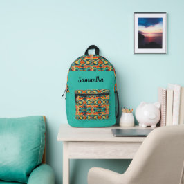 Azteekse Indiaanse ontwerp op turquoise Bedrukte Rugzak
