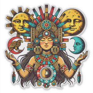 Azteekse Indiase vrouw prinses zon maan Volkskunst Sticker