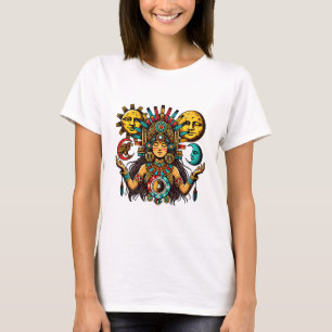Azteekse Indiase vrouw prinses zon maan Volkskunst T-shirt