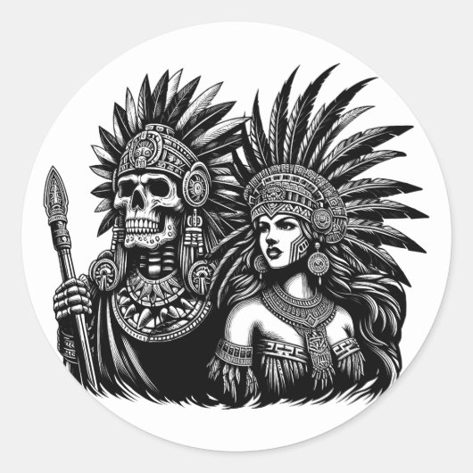 Azteekse Skeleton Warrior met prinses vrouw kunst Ronde Sticker (Voorkant)