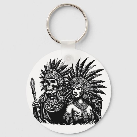 Azteekse Skeleton Warrior met prinses vrouw kunst Sleutelhanger (Voorkant)