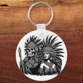 Azteekse Skeleton Warrior met prinses vrouw kunst Sleutelhanger (Voorkant)