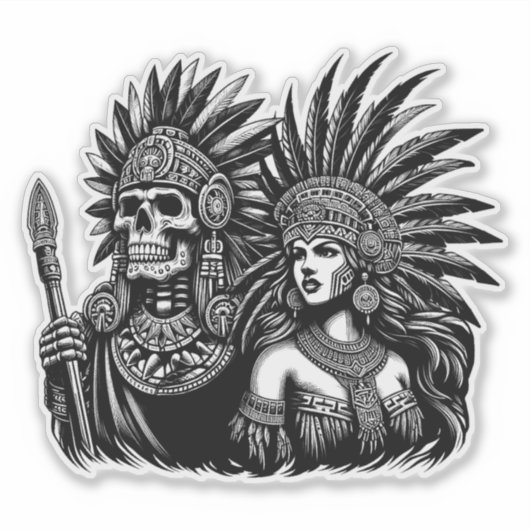 Azteekse Skeleton Warrior met prinses vrouw kunst Sticker (Voorkant)