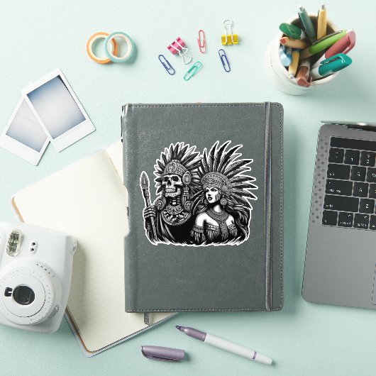 Azteekse Skeleton Warrior met prinses vrouw kunst Sticker (iPad Cover)