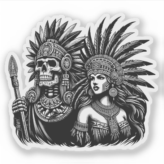 Azteekse Skeleton Warrior met prinses vrouw kunst Sticker (Voorkant)