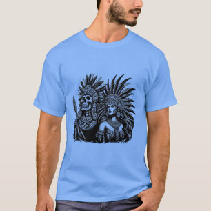 Azteekse Skeleton Warrior met prinses vrouw kunst T-shirt