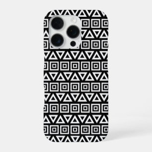 Azteken Driehoeken+Vierkanten Patroon Wit op Zwart iPhone 16 Pro Hoesje