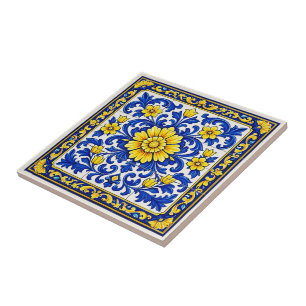 Azul Flor Dourada — Bloem Azulejo Tegeltje