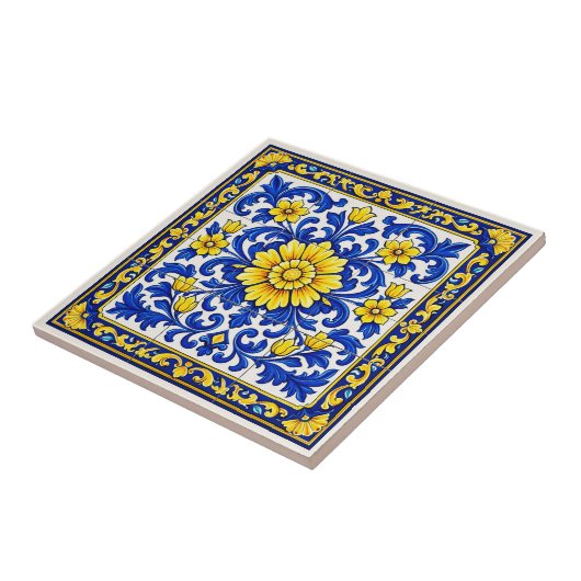 Azul Flor Dourada — Bloem Azulejo Tegeltje (Zijkant)
