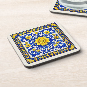 Azul Flor Dourada — Harde Plastic Onderzetter