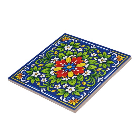 Azul Flor Grande— Mediterraanse Azulejo Tegeltje (Zijkant)