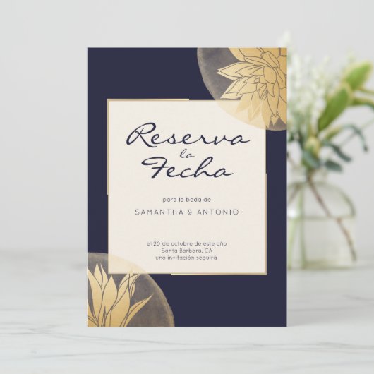 Azul y oro moderna Reserva la fecha Save The Date (Staand voorkant)