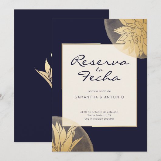 Azul y oro moderna Reserva la fecha Save The Date (Voorkant / Achterkant)