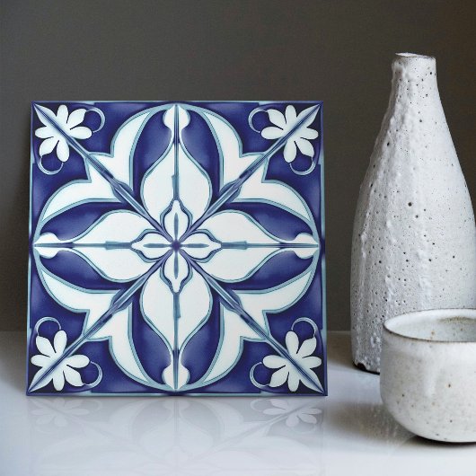 Azulejo Blauw en Wit Symmetrische Bloemen Tegeltje