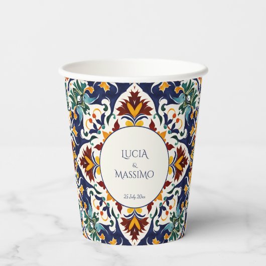Azulejo blauw Mediterraans bruiloft gedrukt Papieren Bekers (Achterkant)