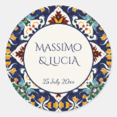 Azulejo blauw Portugees Mediterraan bruiloft Ronde Sticker (Voorkant)