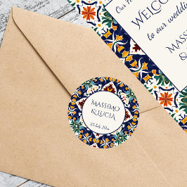 Azulejo blauw Portugees Mediterraan bruiloft Ronde Sticker