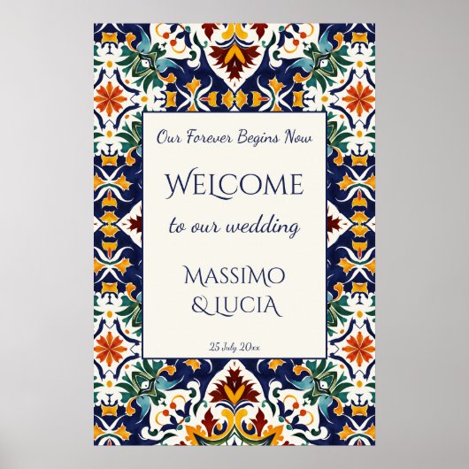 Azulejo blauw Portugees Mediterraan welkomstbord Poster (Voorkant)