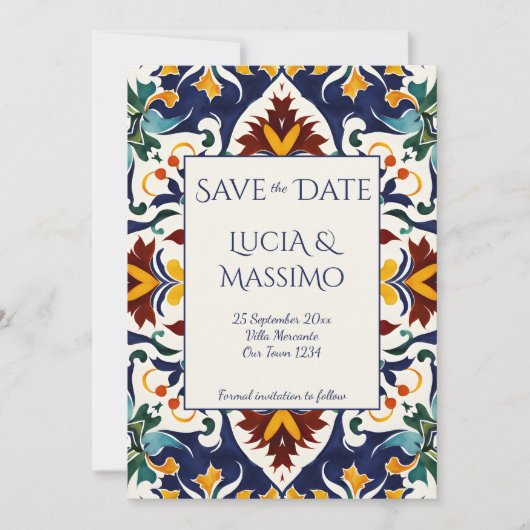 Azulejo blauw Portugees Middellands Zeegebied sier Save The Date (Voorkant)