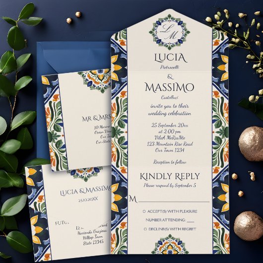 Azulejo blauw Talavera  Mexicaans bruiloft All In One Uitnodiging