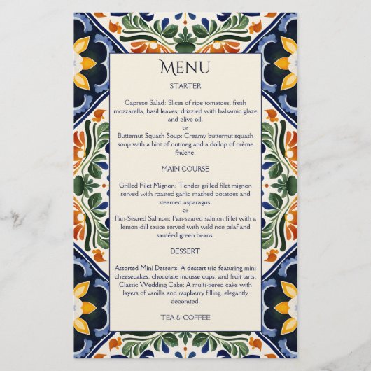 Azulejo blauw Talavera  Mexicaans huwelijksmenu (Voorkant)