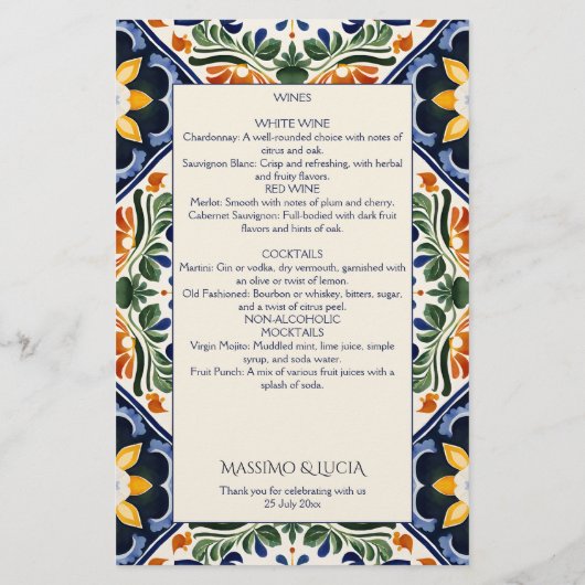 Azulejo blauw Talavera  Mexicaans huwelijksmenu (Achterkant)