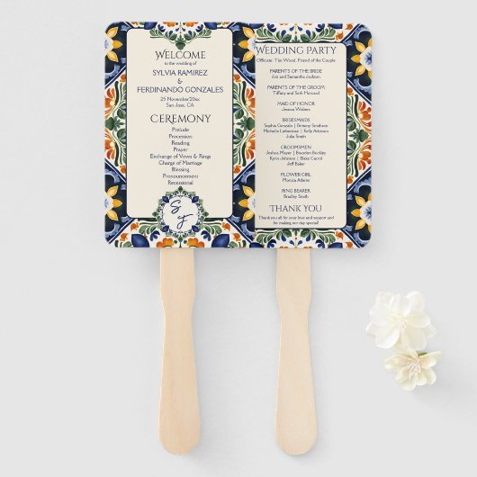 Azulejo blauw Talavera Mexicaanse bruiloft program Handwaaier (Voorkant en achterkant)