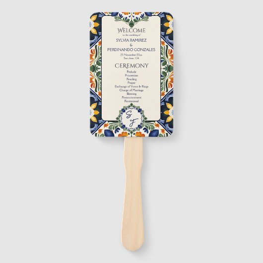 Azulejo blauw Talavera Mexicaanse bruiloft program Handwaaier (Voorkant)