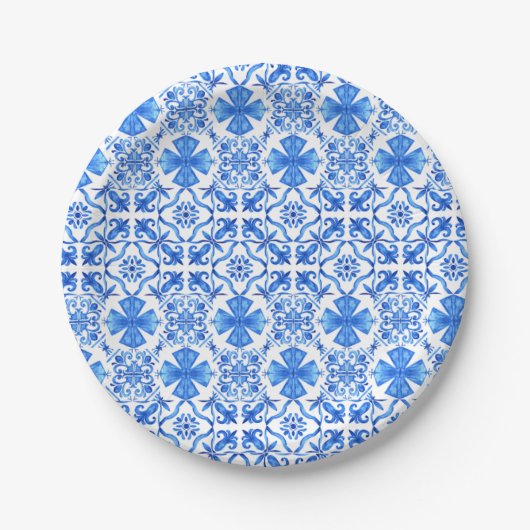 Azulejo Blauw & Wit Mediterraans Tegels Patroon Papieren Bordje (Voorkant)