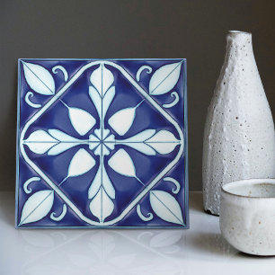 Azulejo Blauwe en Witte Symmetrische Bloemmotief Tegeltje
