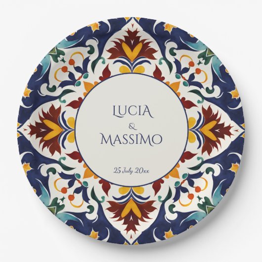 Azulejo blauwe mediterraan bedrukt bruiloft papieren bordje (Voorkant)