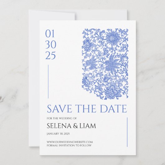 Azulejo Blue Porcelain Floral Save the Date Kaart (Voorkant)