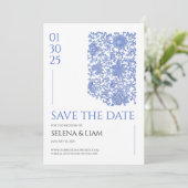 Azulejo Blue Porcelain Floral Save the Date Kaart (Staand voorkant)